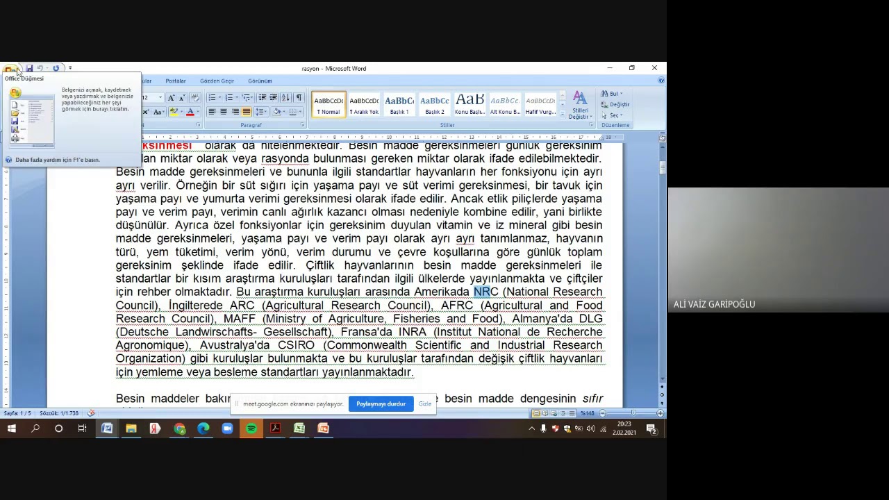 RASYON HESAPLAMA DERSİ 1    2 ŞUBAT 2021