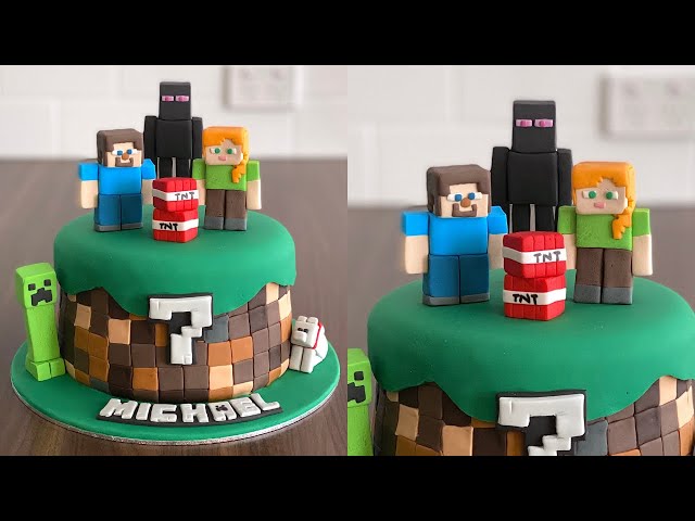 A Minecraft cake! I cheated and used figures for the top… I find kids love  to get a toy with their cake! : r/cakedecorating