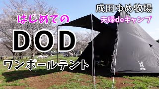 【夫婦キャンプ】DODワンポールテントL　成田ゆめ牧場でお花見キャンプ♪　はじめての設営がドタバタ過ぎた。