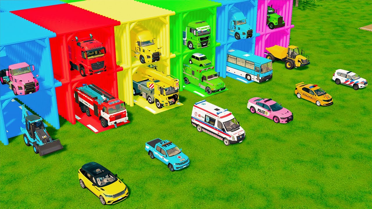 TRANSPORTING ALL EMERGENCY AND POLICE VEHICLES, BACKHOE LOADER, DUMP TRUCK TO GARAGE - FS22