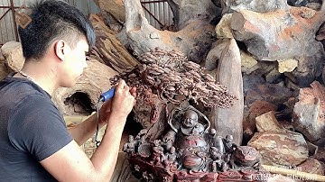 Trạm Khắc Tượng Gỗ: Di lạc Dưới Tán Tùng - Gỗ Trắc Đỏ Đen | Đồ Gỗ Mạnh Sơn