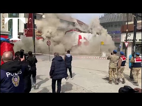 Moment building collapses following another earthquake in Turkey