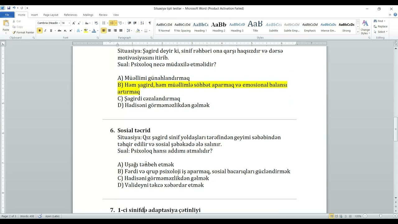 Yaş psixologiyasına aid testlər 2. Situasiya tipli testlər.1-10