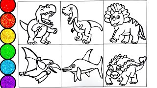 Learn How to draw Dinosaurs-Triceratops T-Rex  Velociraptor and others- Glitter coloring for kids