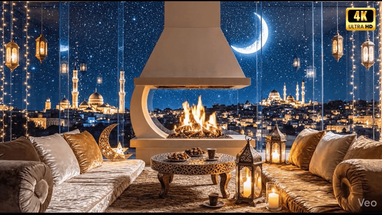Magical Ramadan Nights ✨🌙 | سحر رمضان مع شومينيه دافئة وهلال فوق المدينة 🔥🏙️
