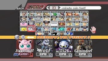 Jigglypuff VS Wolf VS Meta Knight VS Ganondorf | 3 Min Coin | Super Smash Bros Brawl Fight 179