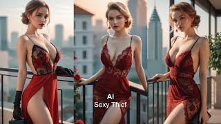 【4K】Ai Sexy Thief|Beautiful Ai Girls Lookbook|Beautiful Ai Model In Unique Black Rose Lace Red Dress