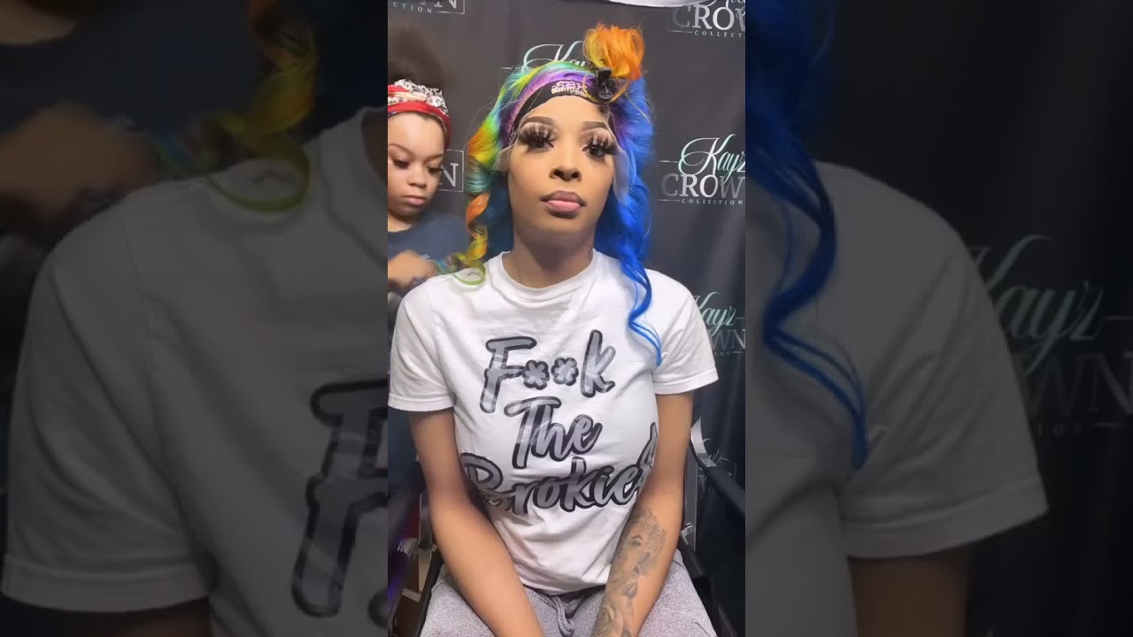 eullair Multi Colored Lace Front Wig Body Wave Human Hair Blue With Orange Green Highlight