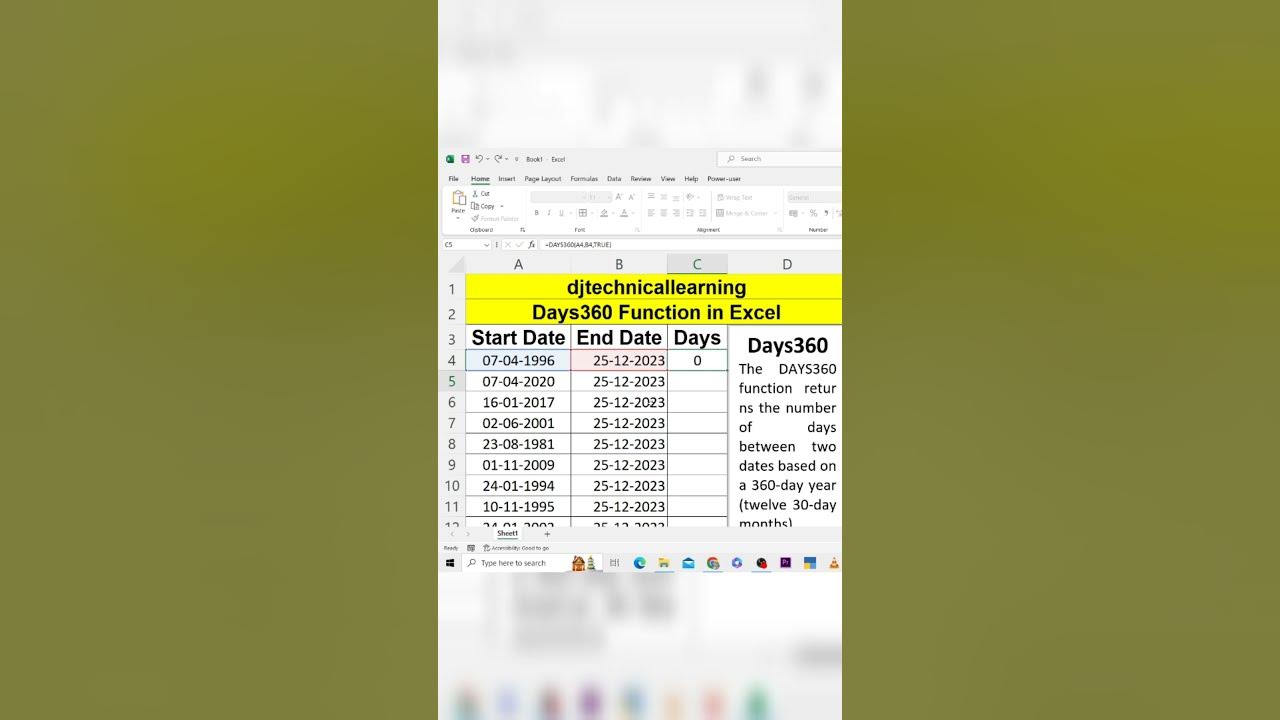 Days360 function in excel days360 formula excel tipsandtricks 