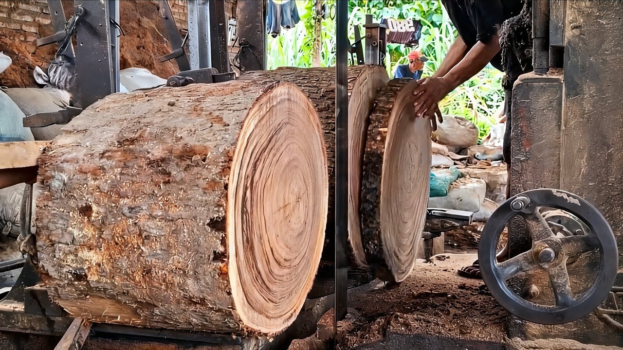 The initial process of sawing a round table using raw materials from ...