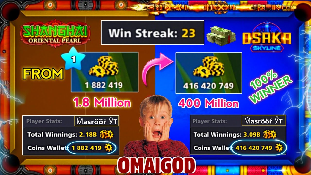 23 win streak 😳 From 1.8M to 400 Million Coins ~ without losing 🔥 100% winner - 8 ball pool