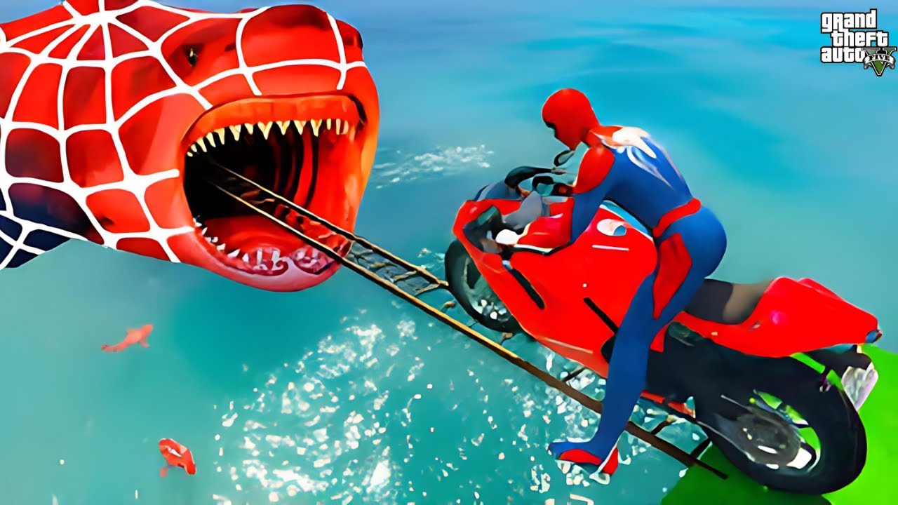 -Самая сложная езда Человека-паука на мотоцикле над акулами. Супергерои ездят на мотоциклах. Трюк...