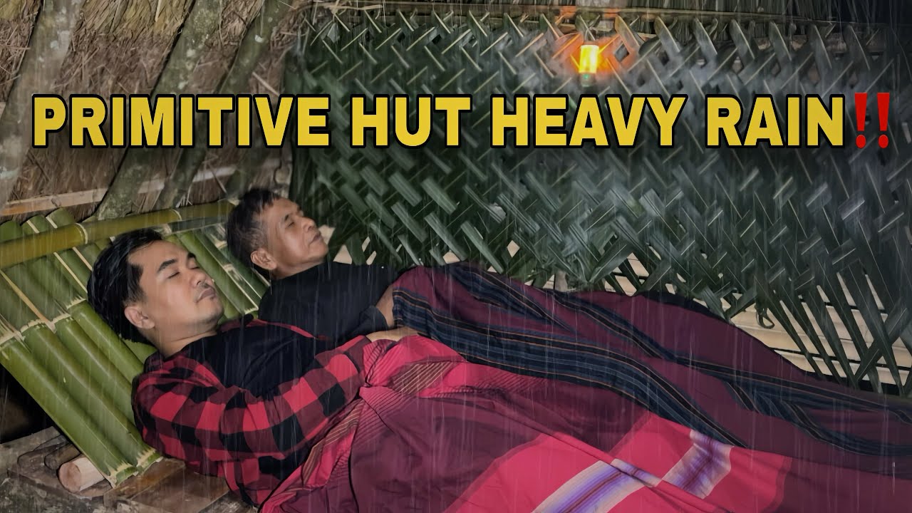 Building a Primitive Jungle Hut in Heavy Rain | Bushcraft Heavy Rain with My Dad‼️