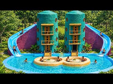 Building an Amazing Twin Water Slide Resort & Beautiful Swimming Pool in the Jungle!