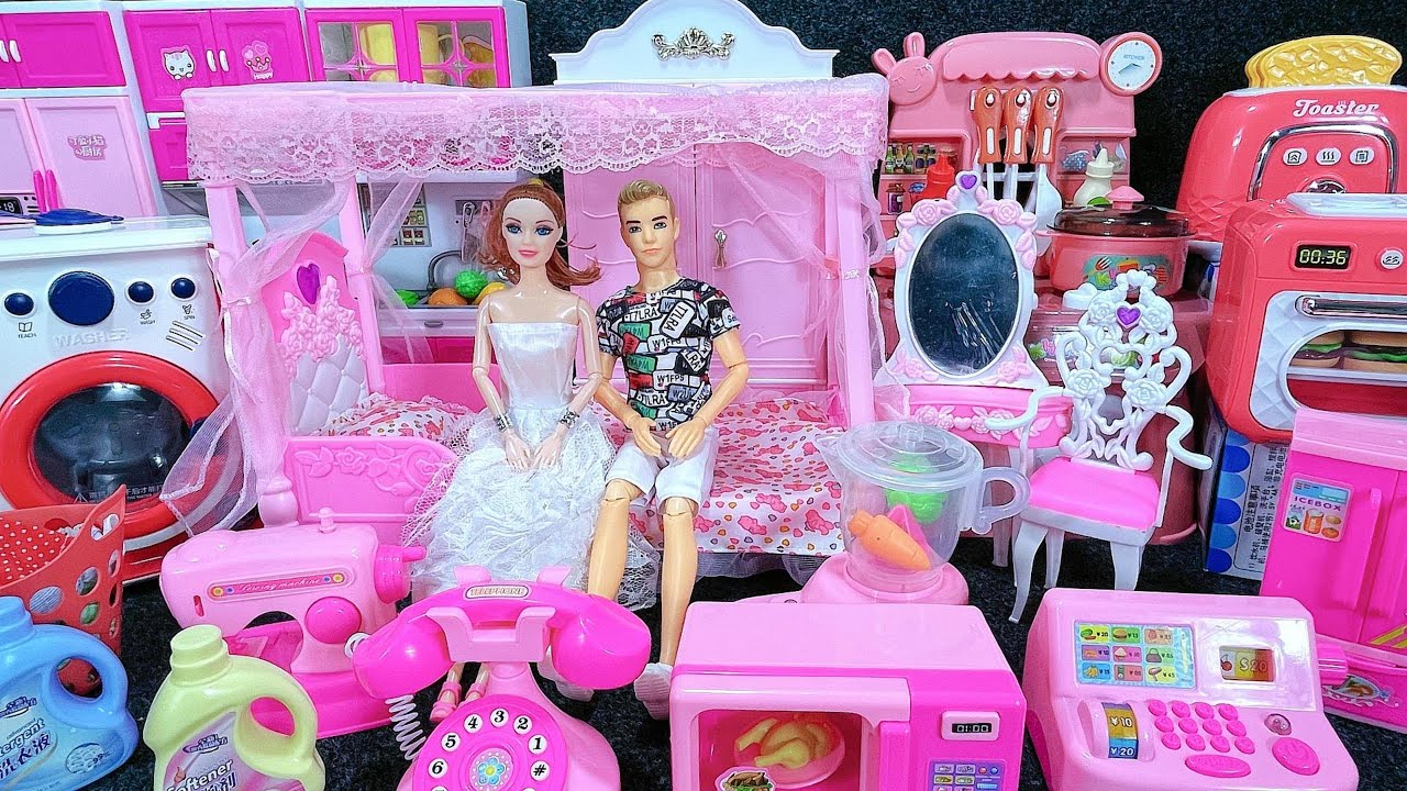 15 Minute Soothing Unboxing: Pink Barbie Doll Bedroom & Kitchen Cooking Toy Set | ASMR Toy Review