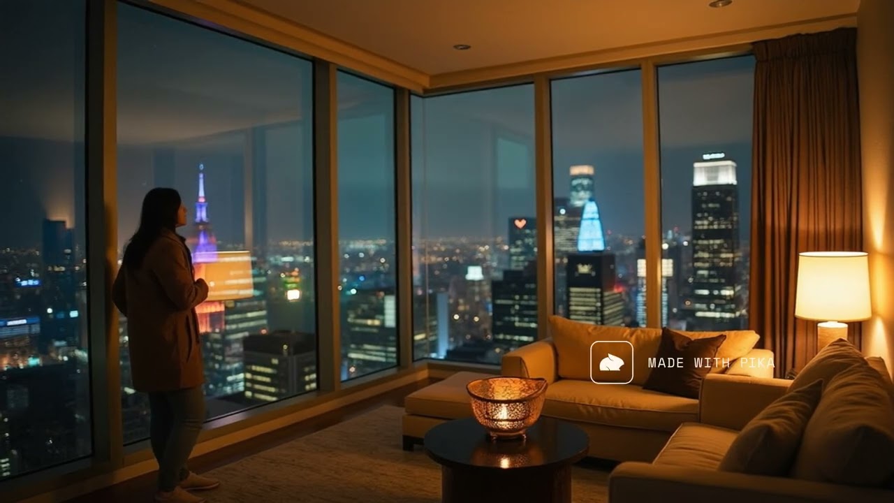 Relaxing 4K NYC Penthouse View | Gentle Rain & Neon Reflections at Night 🌧️🏙️