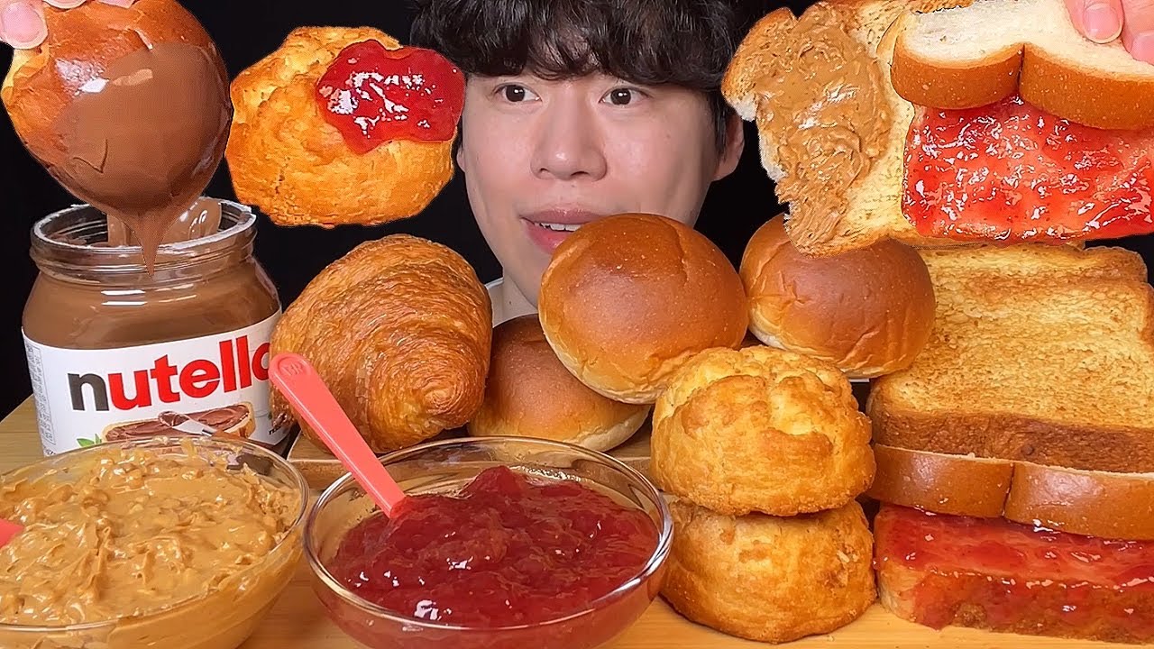 СУБТИТРЫ)Хлеб,скон,булочка, круассан с Нутеллой, арахисовой пастой, клубничным джемом, мукбанг, асмр
