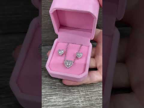 Набір кольє та сережки "Алмазні сердечки" родований ювелірний сплав з цирконами в оксамитовій коробочці, видео 5