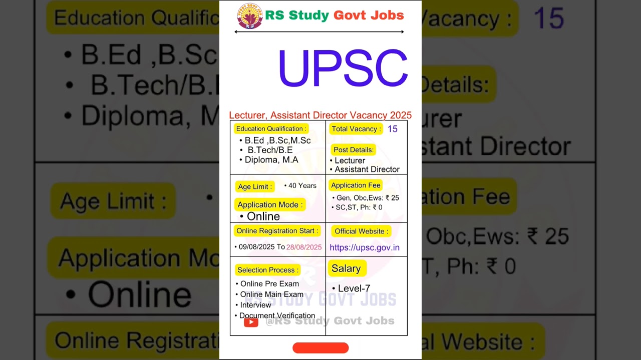 UPSC vacancy 2025 | Lecturer Assistant Director Vacancy 2025 | new Recruitment 2025 | 