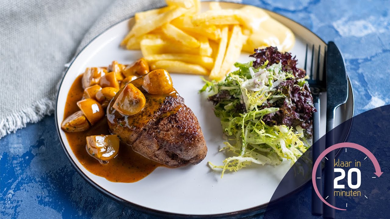 Steak-friet met champignonroomsaus | Klaar in 20 minuten