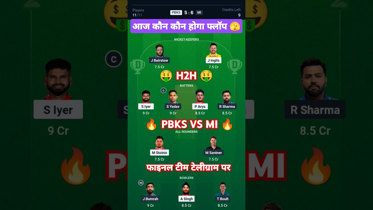Dream Team PBKS vs MI | IPL 2025 Dream Team Today Match | Punjab vs Mumbai Best Prediction 🏏🔥