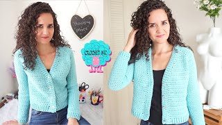 Chaqueta/suéter con cuello en V a crochet - todas las tallas