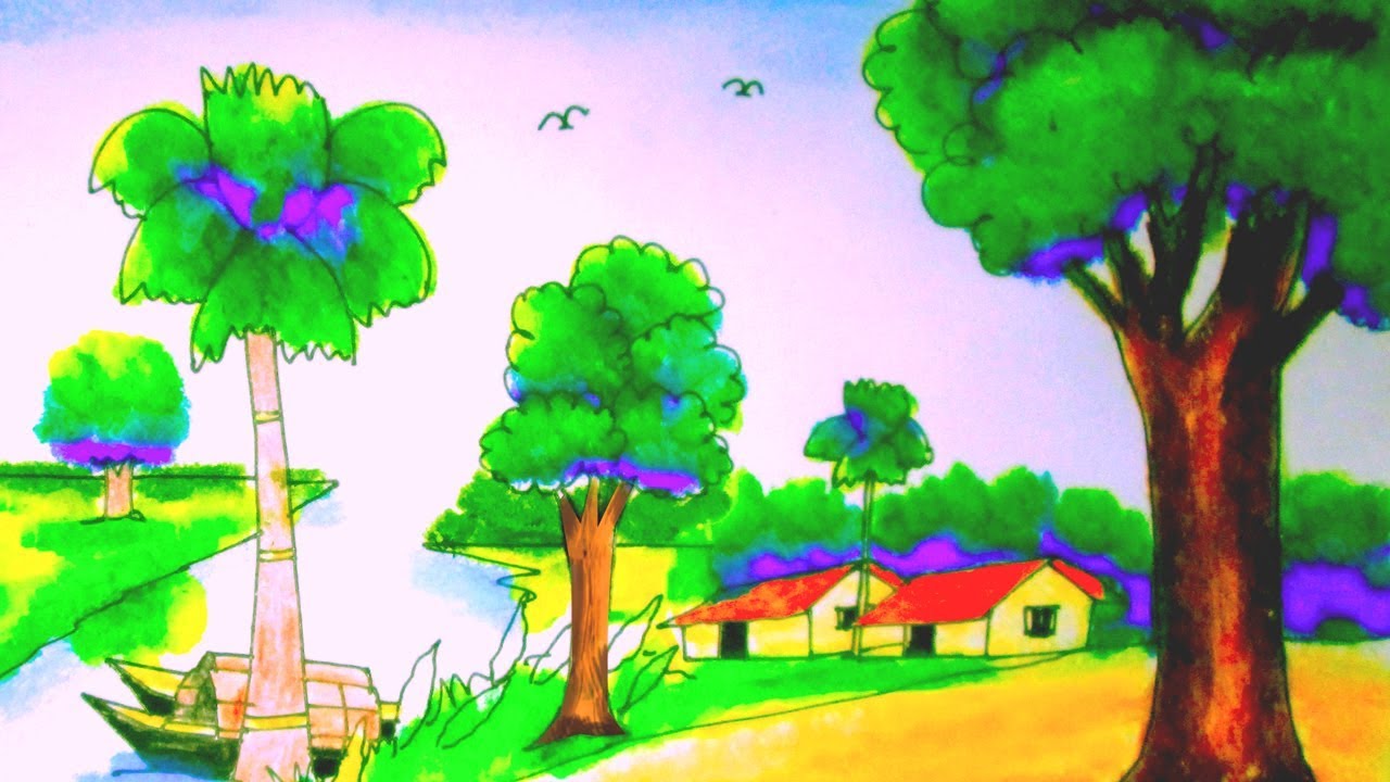 Village scenery drawing tutorial by Indrajit Art School | Riverside art ...