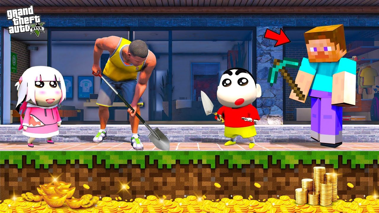 Shinchan & Franklin Going to Minecraft World Treasure Tunt into Portal in GTA 5