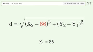 Find the distance between two points p1 (86,84) and p2 (47,91): Step-by-Step Video Solution