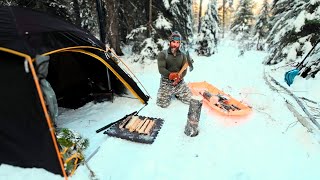 Extreme Cold Night- Winter Hot Tent Camping With My Dog | Wood Stove | ASMR (No Talking)