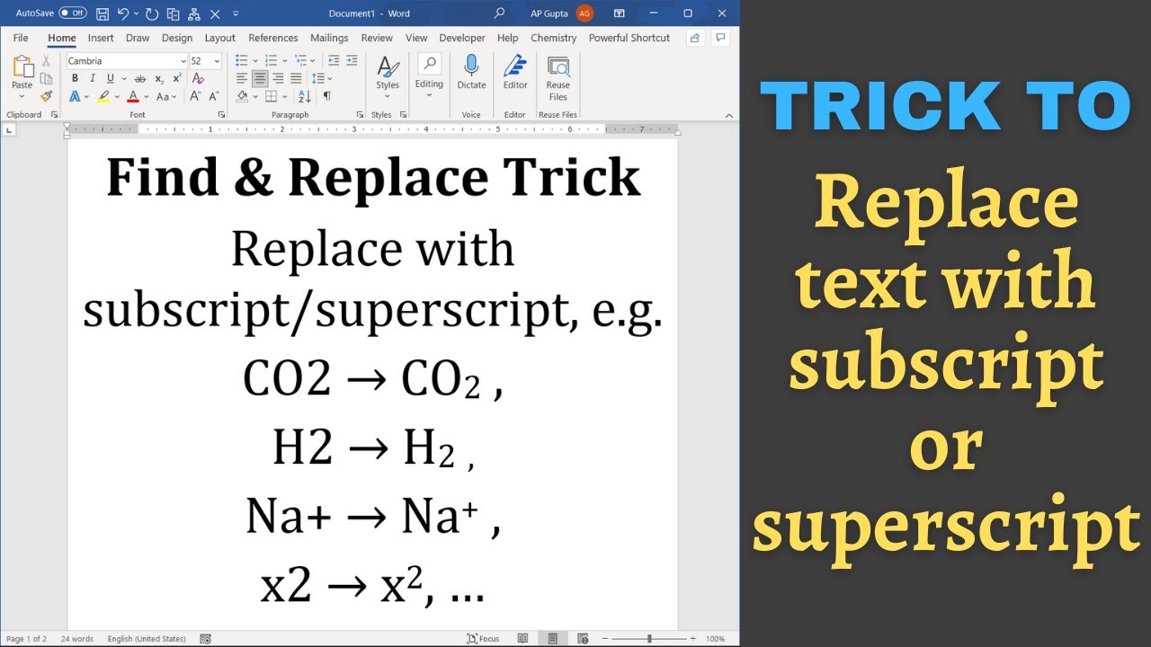 Replace text with subscript or superscript in Ms Word - PickupBrain