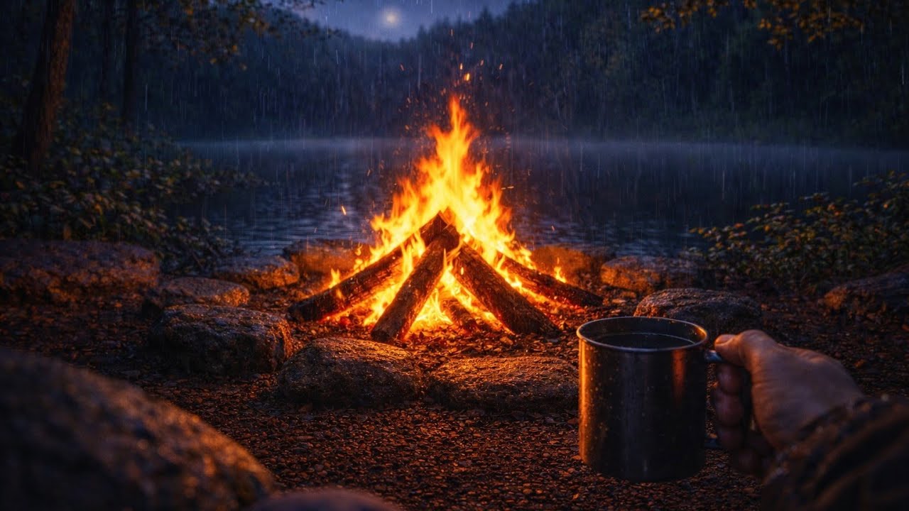 POV Rainy Campfire by the Lake 🌧️🔥 Cozy 4K Ambience for Deep Sleep ...