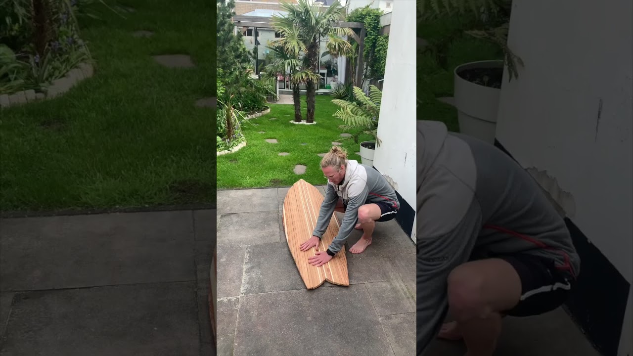 Wooden surfboard + cat #surfboardshaping #woodworking #diy