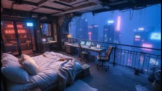 🎵 Chill Cybernetic Terrace: Rain and Ambient Music | Cyberpunk Bedroom over the City