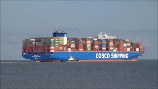 CSCL Atlantic Ocean slips from Felixstowe Berth 9 with two 3212 Svitzer tugs.  5th September 2020