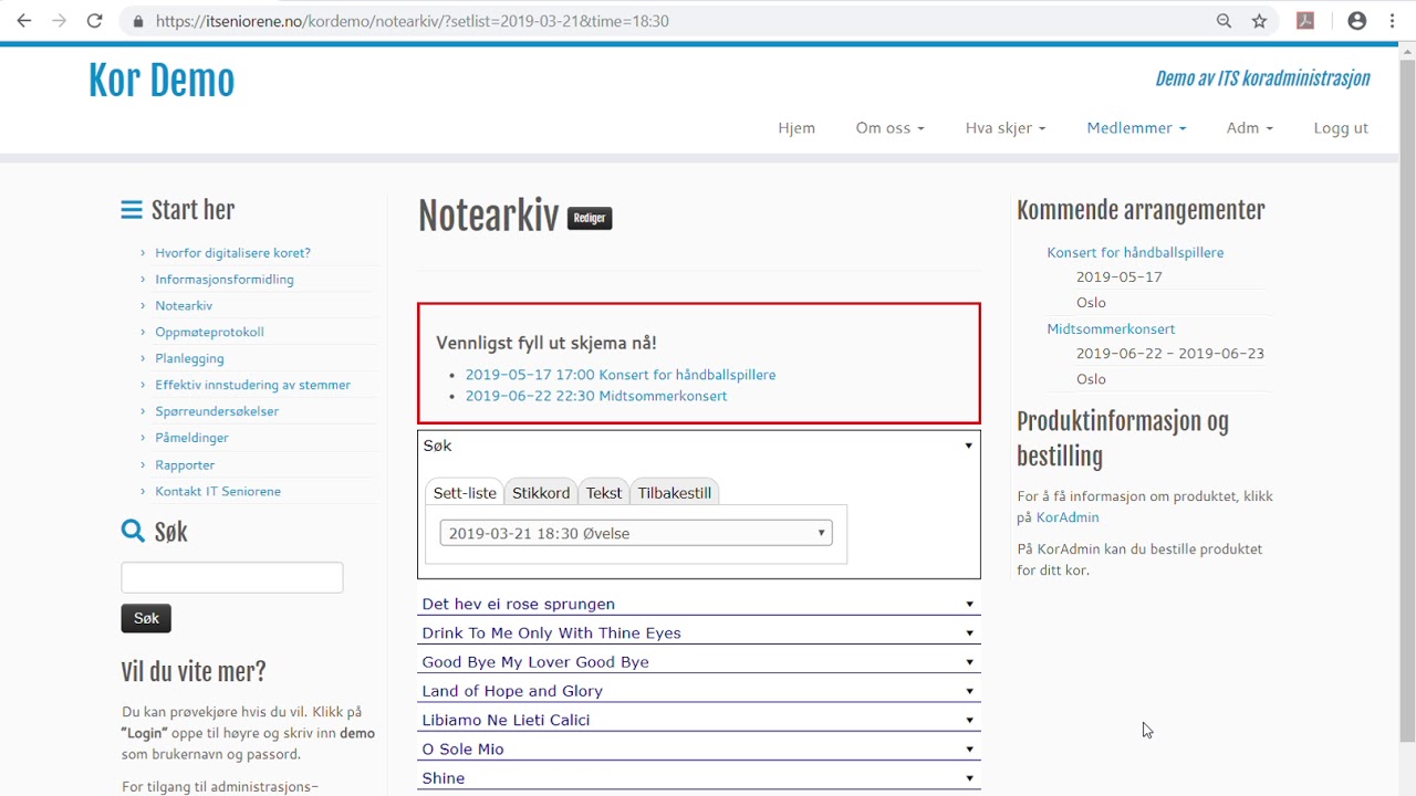 Kor Demo – KAlender og Settlister - YouTube