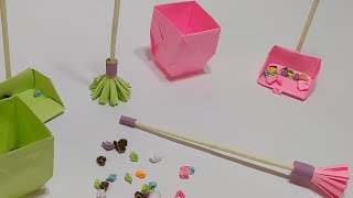 Paper Broom and Dustpan and Trash Origami/مكنسة ورقية وسلة مهملات ولمامة من ورق