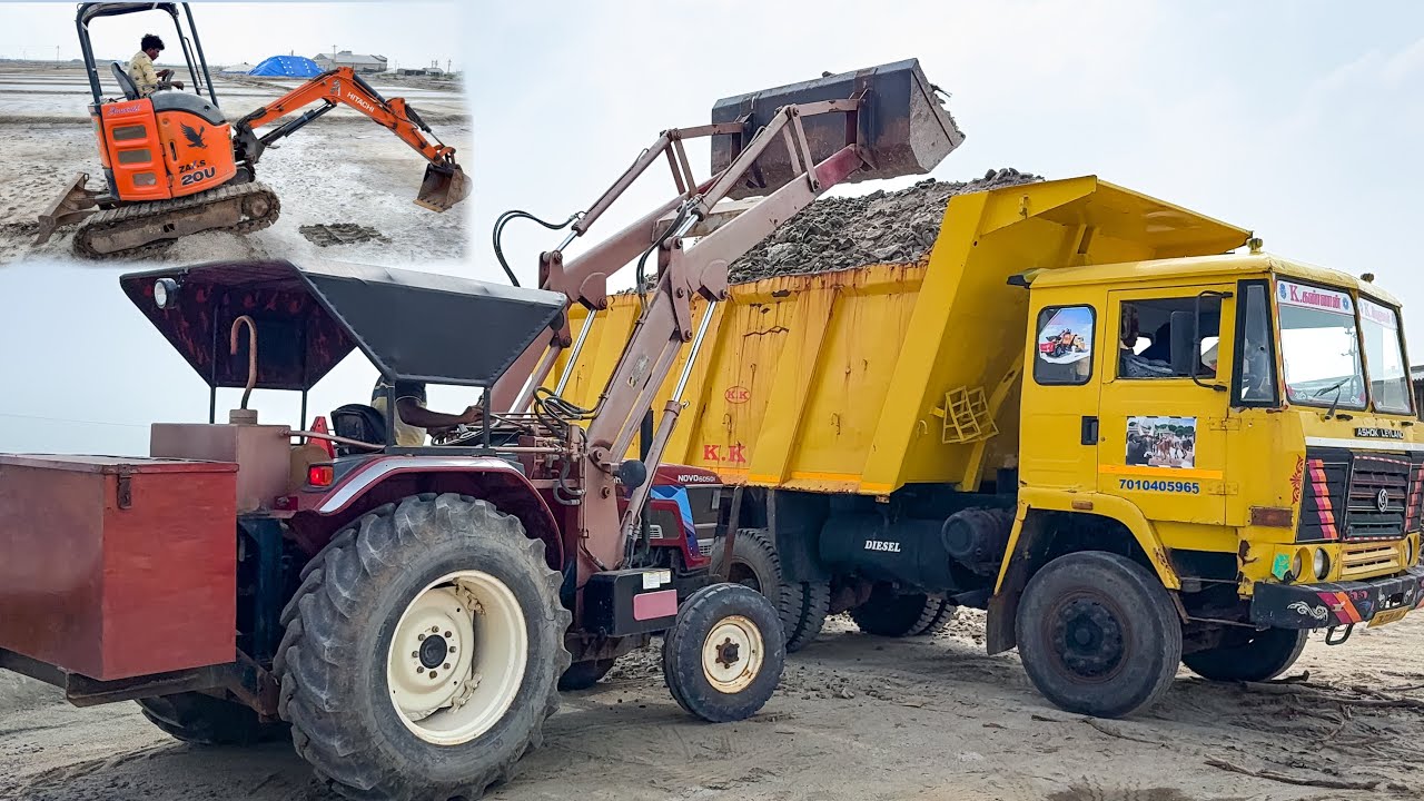 TATA 20U Mini Excavator field is being prepared at salt pan and Tractor Loading Salt Chips in Truck