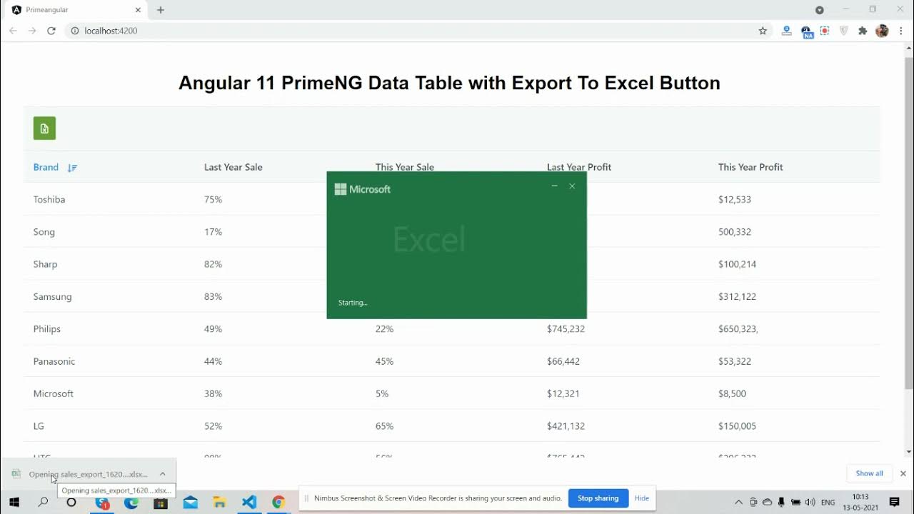 Angular 11 12 primeng data table with export to excel button