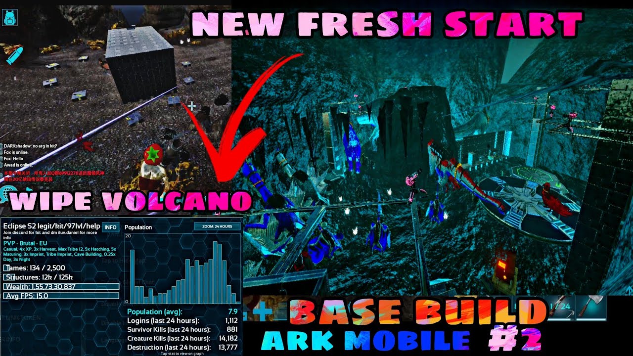 ARK MOBILE || PVP DAY 2 BASE BUILD AND RAID VOLCANO #2
