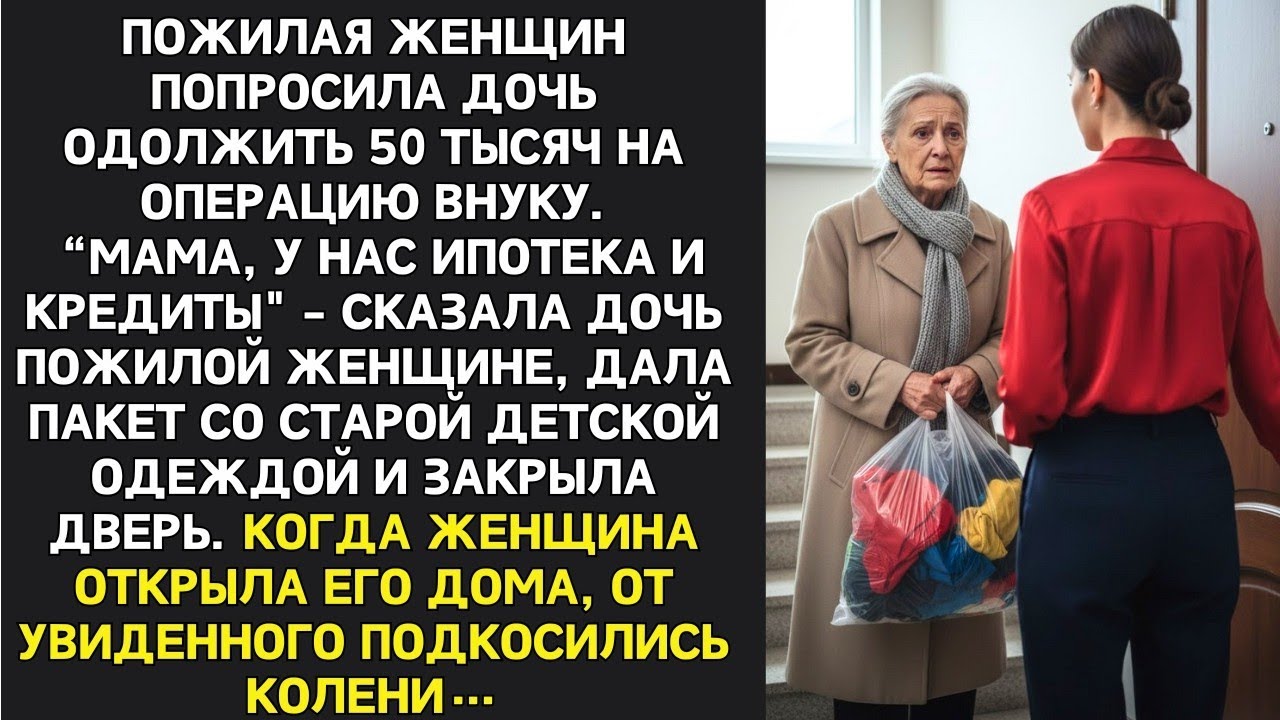 Дочь отказала матери в деньгах на лечение внука, дала пакет с одеждой. Открыв его дома,  оцепенела…
