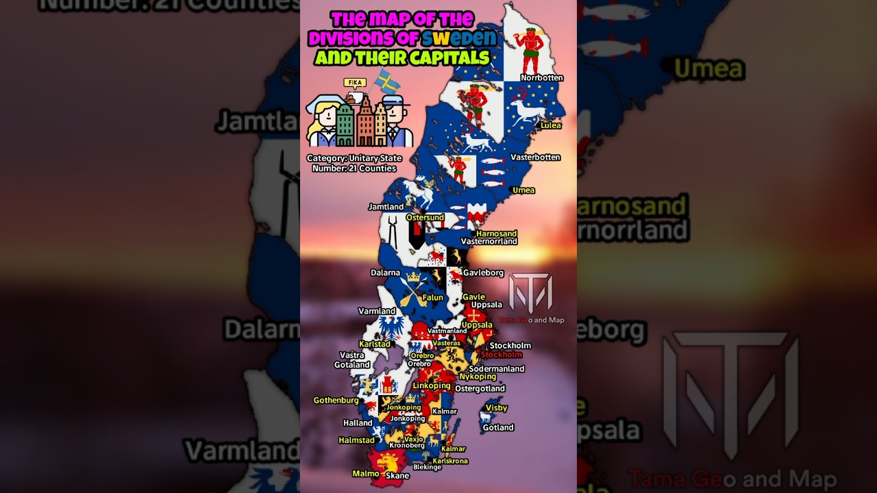 The map of the divisions of Sweden and their capitals