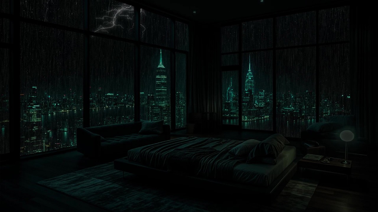 Rainy Night Over New York City | Luxury Penthouse View with Thunder & Rain Sounds for Sleep