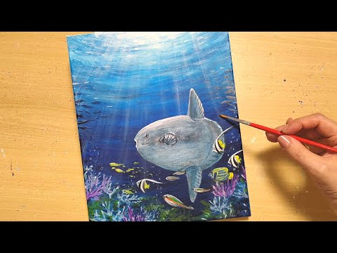 How to draw [Sunfish] with acrylic paint / Scenery in the sea