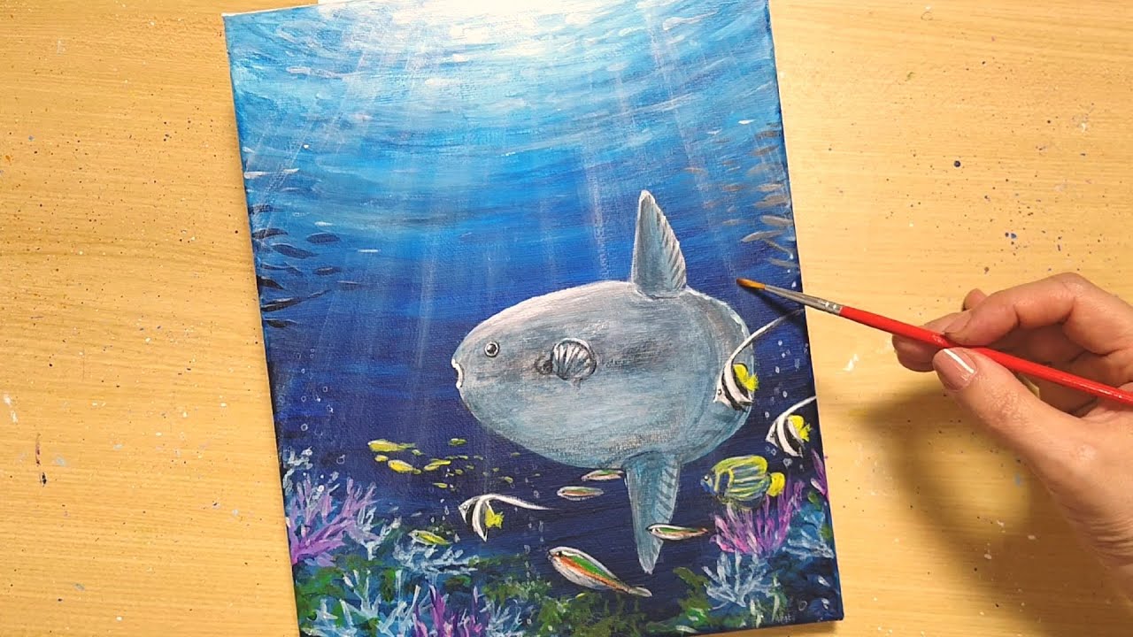How to draw [Sunfish] with acrylic paint / Scenery in the sea