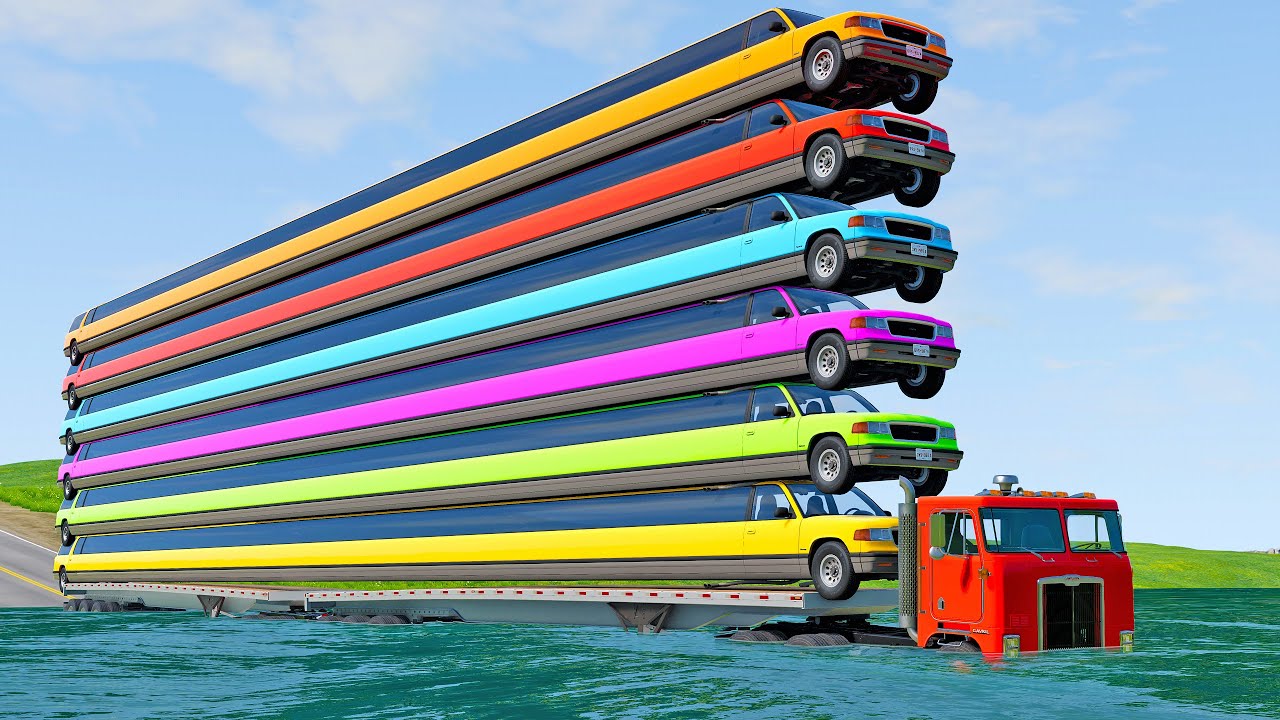 Limousine Long Cars Flatbed Trailer Ramp Truck Car Rescue - Cars vs Deep Water - BeamNG.drive