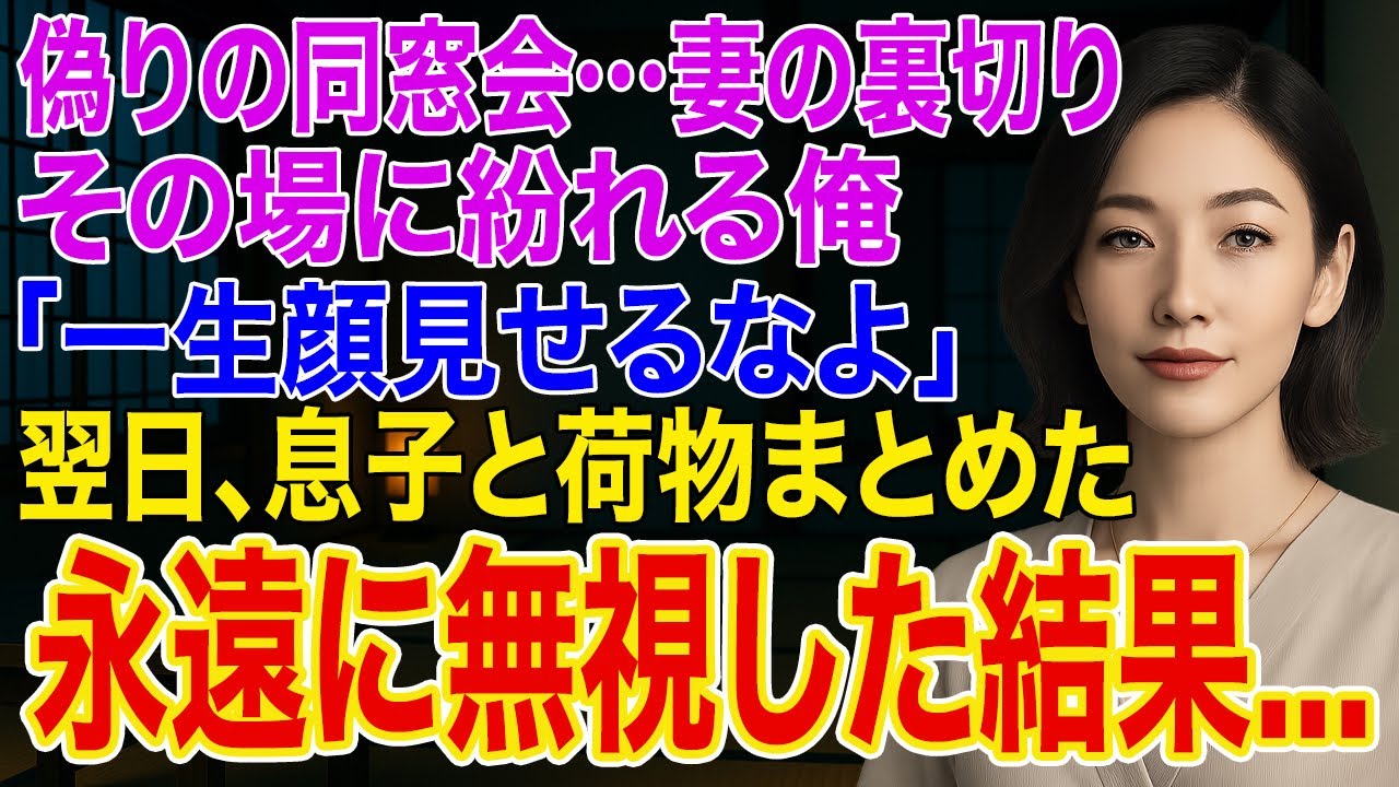 Outline Video 【修羅場】17年間連れ添った妻の嘘の同窓会に紛れる俺「一生顔みせるなよ」妻「違うの!」→黙って息子と引っ越し姿を消し、永遠に無視した結果...