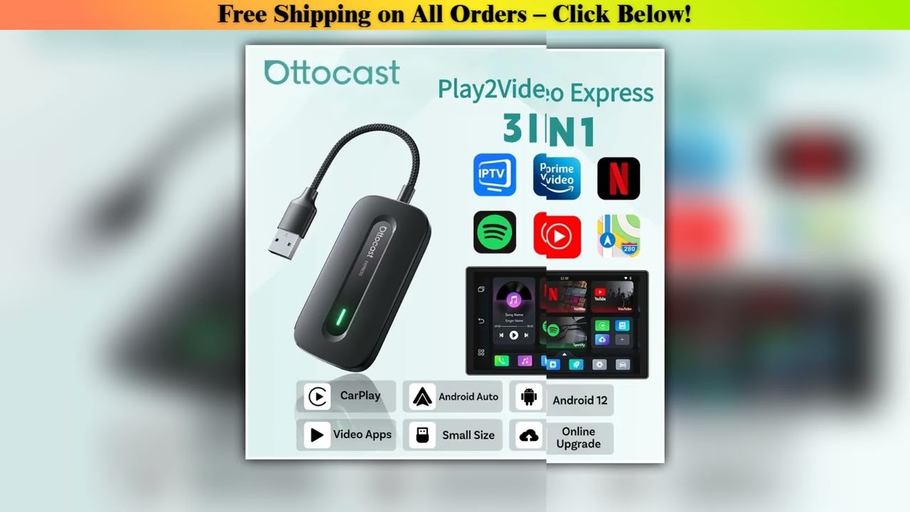 OTTOCAST Play2Video Express Wireless CarPlay Android Auto Adapter for Youtube Netflix for Volvo Che