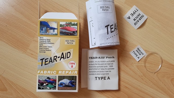  TEAR-AID Fabric Repair Kit, Type A Clear Patch for Canvas,  Fiberglass, Leather, Polyester, Nylon & More, Gold Box, 2 Pack : Sports &  Outdoors