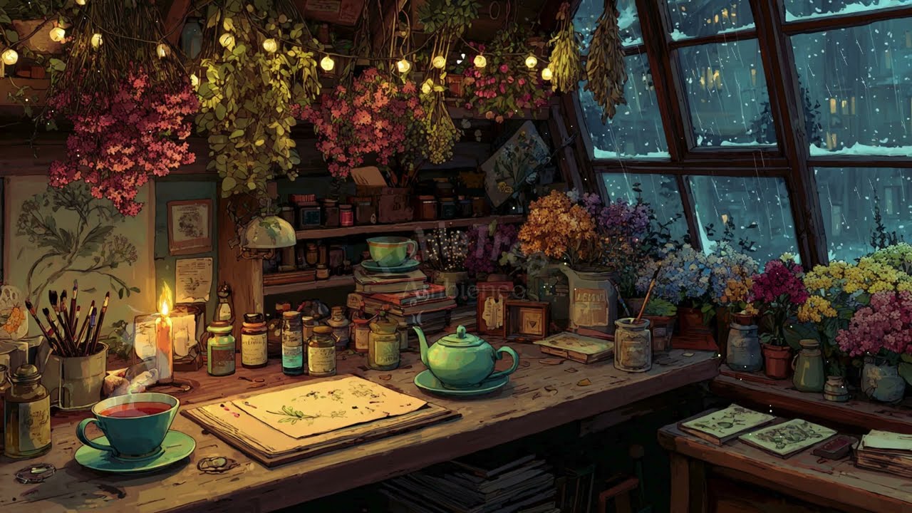 Cozy Whimsical Studio Ambience 🌧️ Rain Sounds & Soft Jazz Music (3 Hours) | Relax, Study, Create